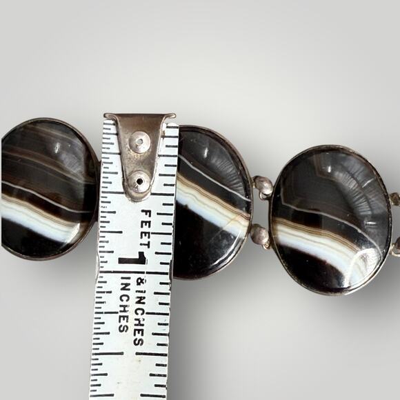 Vintage Sterling Silver Banded Agate Bracelet Oval Cabochon Stones sz 7 - Picture 8 of 9